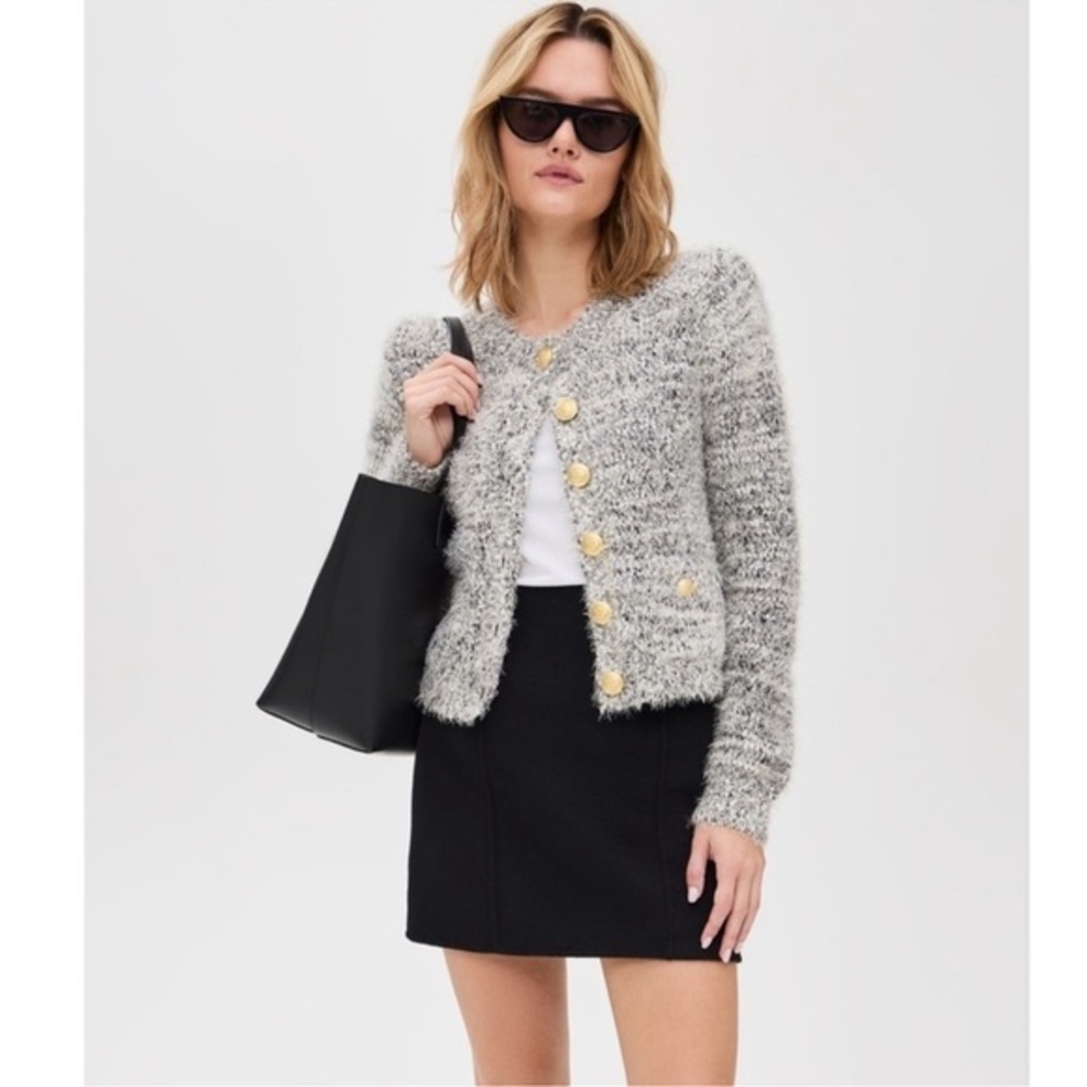 NWT L'AGENCE una knit crop eyelash tweed ivory silver gold cardigan Medium